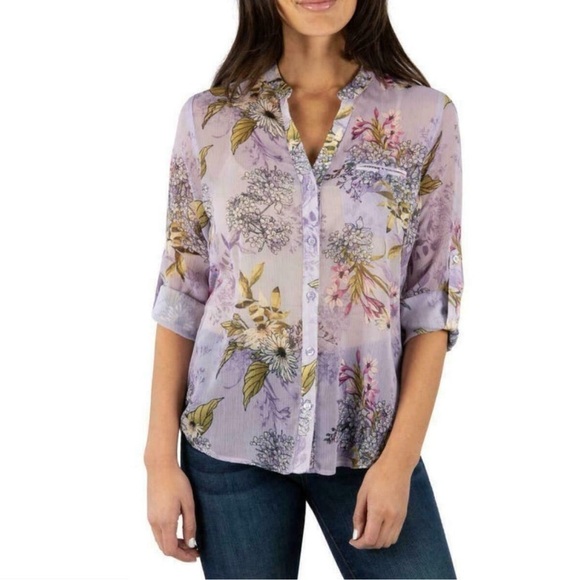 New Kut from the Kloth Jasmine Sheer Button Front Blouse in Purple - Picture 1 of 8